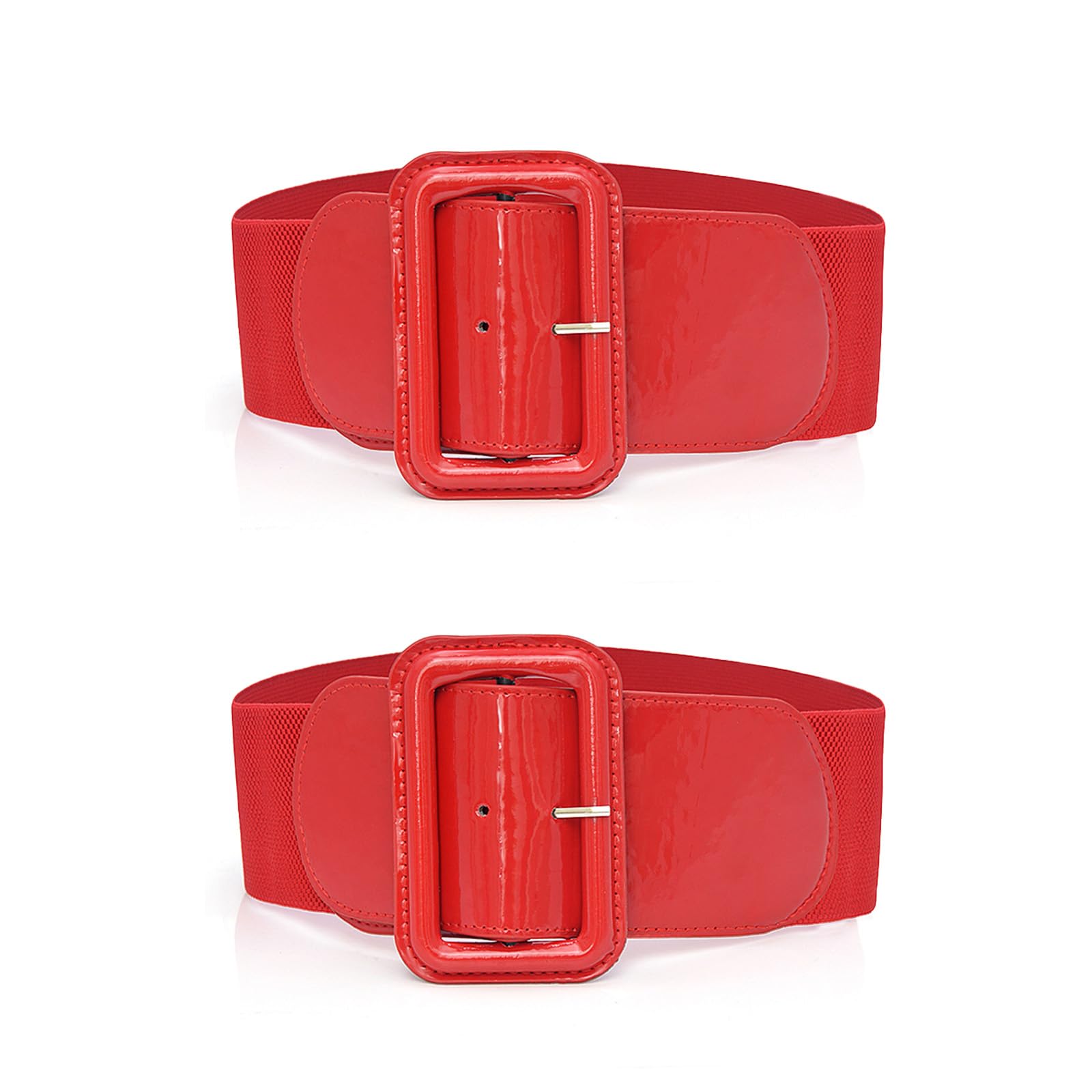 Thatyro 2 Pieces Wide Elastic Women's Belts for Dress, Adjustable Stretchy Ladies Waist Belt with Square Buckle, Vintage Patent Leather Waistband for Fashion Overcoat Clothes Matching (Red)