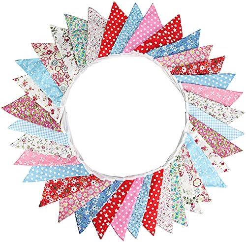 G2PLUS 36PCS Large Fabric Bunting Banner,32.8 Feet Double Sided Cotton Triangle Flag Garland-17x19CM Two Layer Floral Pennants for Wedding Birthday Parties