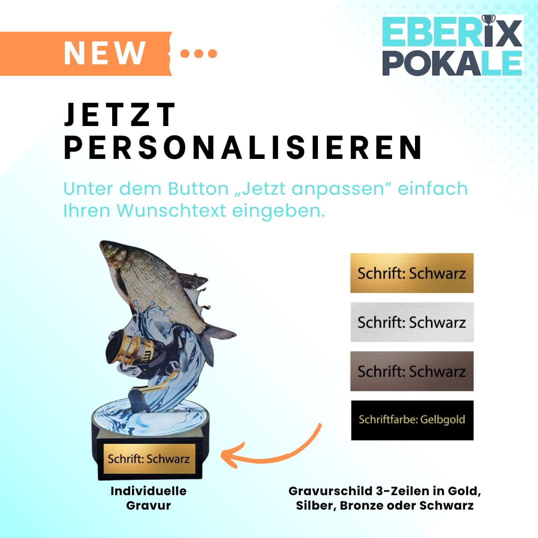 16 cm Holzpokal Trophäe Award mit Fisch & Angelrolle, Wunschgravur inkl. – personalisierbarer Birkensperrholz Pokal für Angelturniere