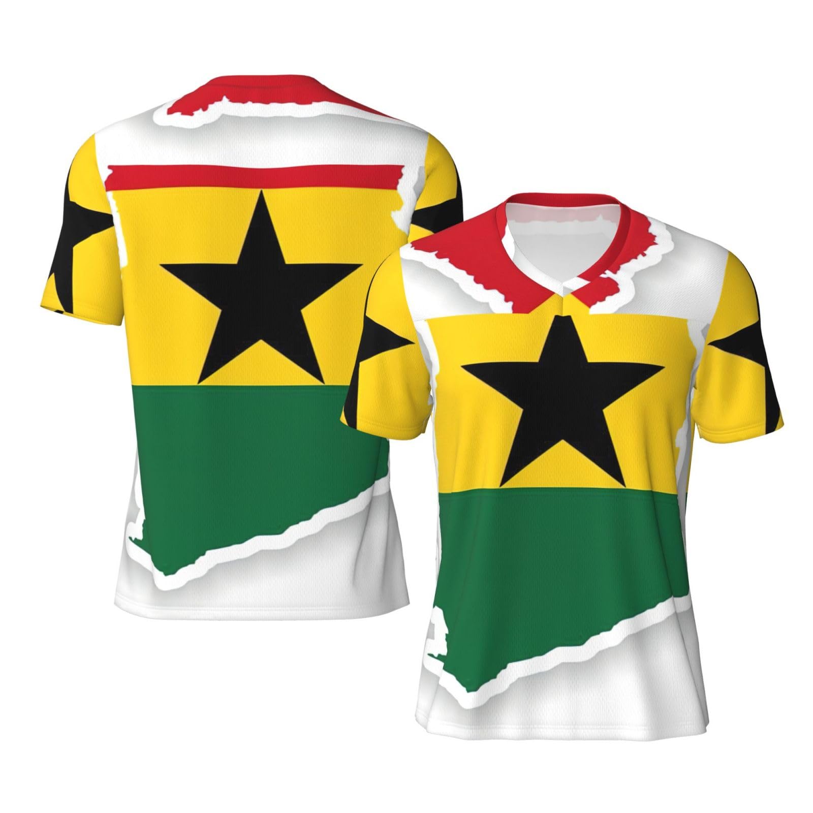 Duwaa Men's Black Ghana Flag Map Print Football Jersey Shirt, Fashion Moisture Wicking Gym Athletic Short Sleeve For Football Traning
