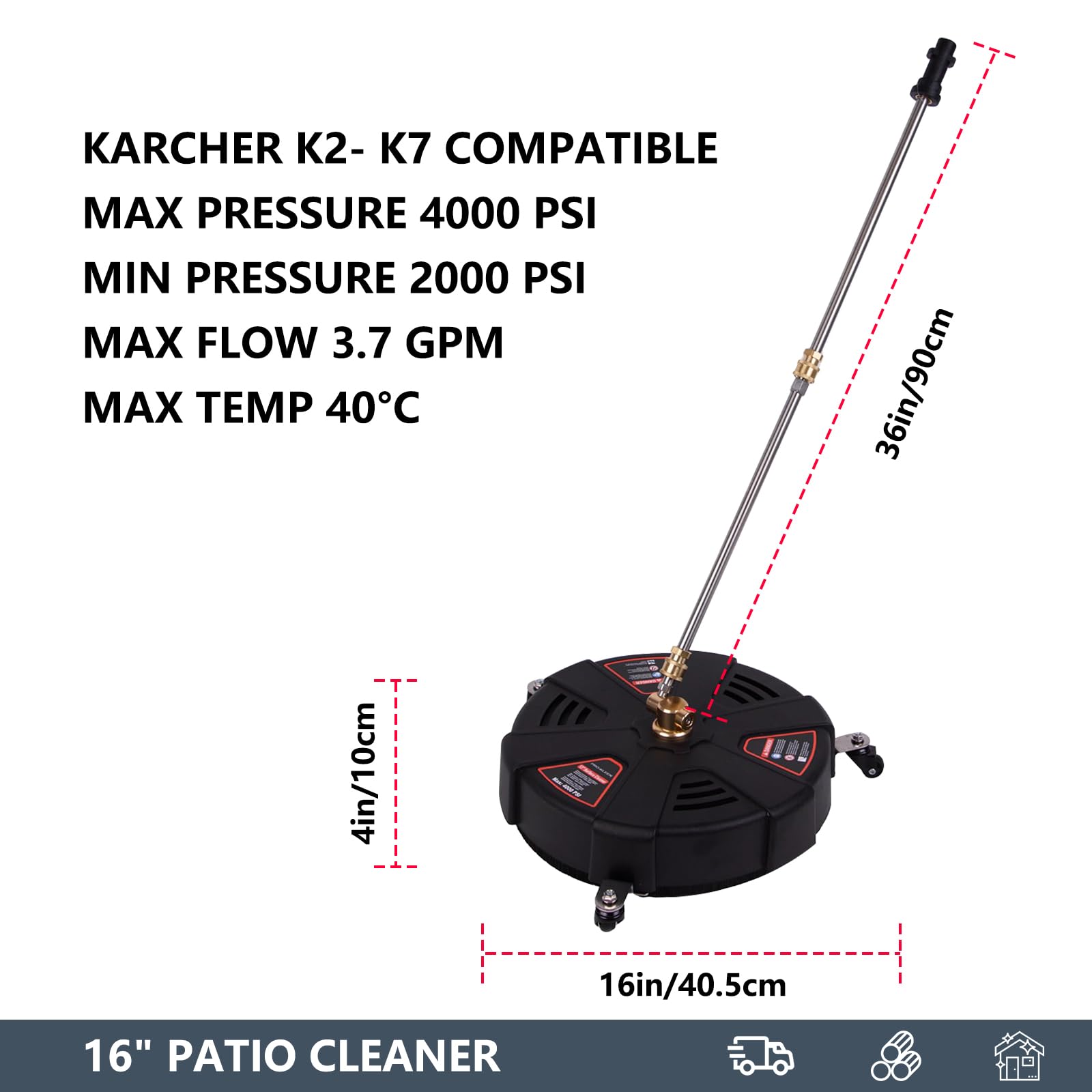 Limpiador de superficies de 16" /13" para la serie K K2 K3 K4 K5 K6 K7, conector rápido de 1/4 pulgadas, limpiador de superficies de presión máx. 4000 PSI, 2 barras de extensión, limpiador de terrazas
