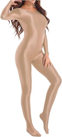 Womens Oily Glossy Bodystocking Round Neck Long Sleeve Yoga Bodysuit Stretchy Catsuits