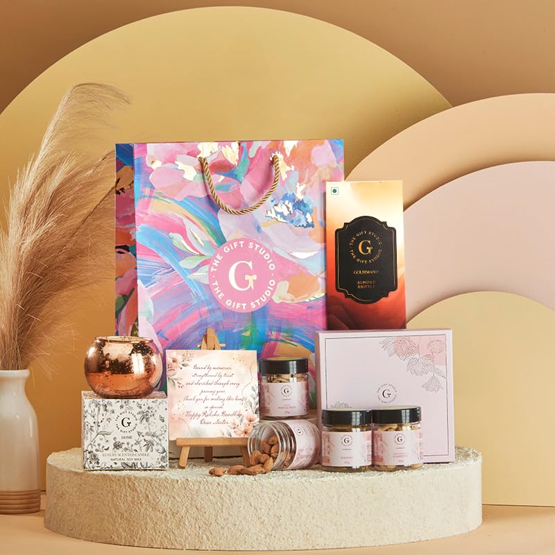 THE GIFT STUDIO.COM | Rakhi Reflections Hamper for Sister | Dry Fruit Box, Almond Brittle, Scented Candle & Rakhi Greeting Card | Raksha Bandhan Gift-image-49
