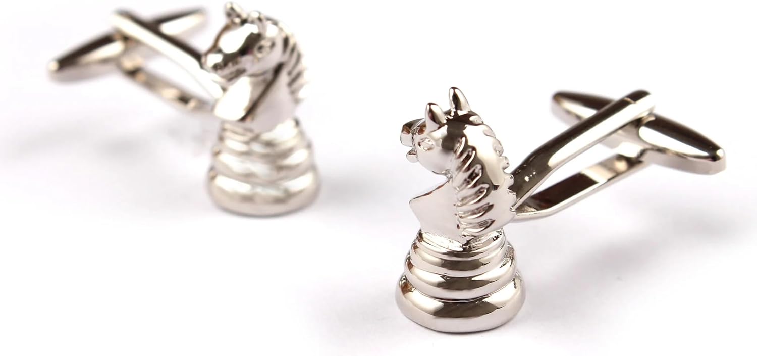 OTAA The Knight Chess Cufflinks Silver Rhodium Plating - Cuff Links Mens - Tuxedo Buttons & Accessories