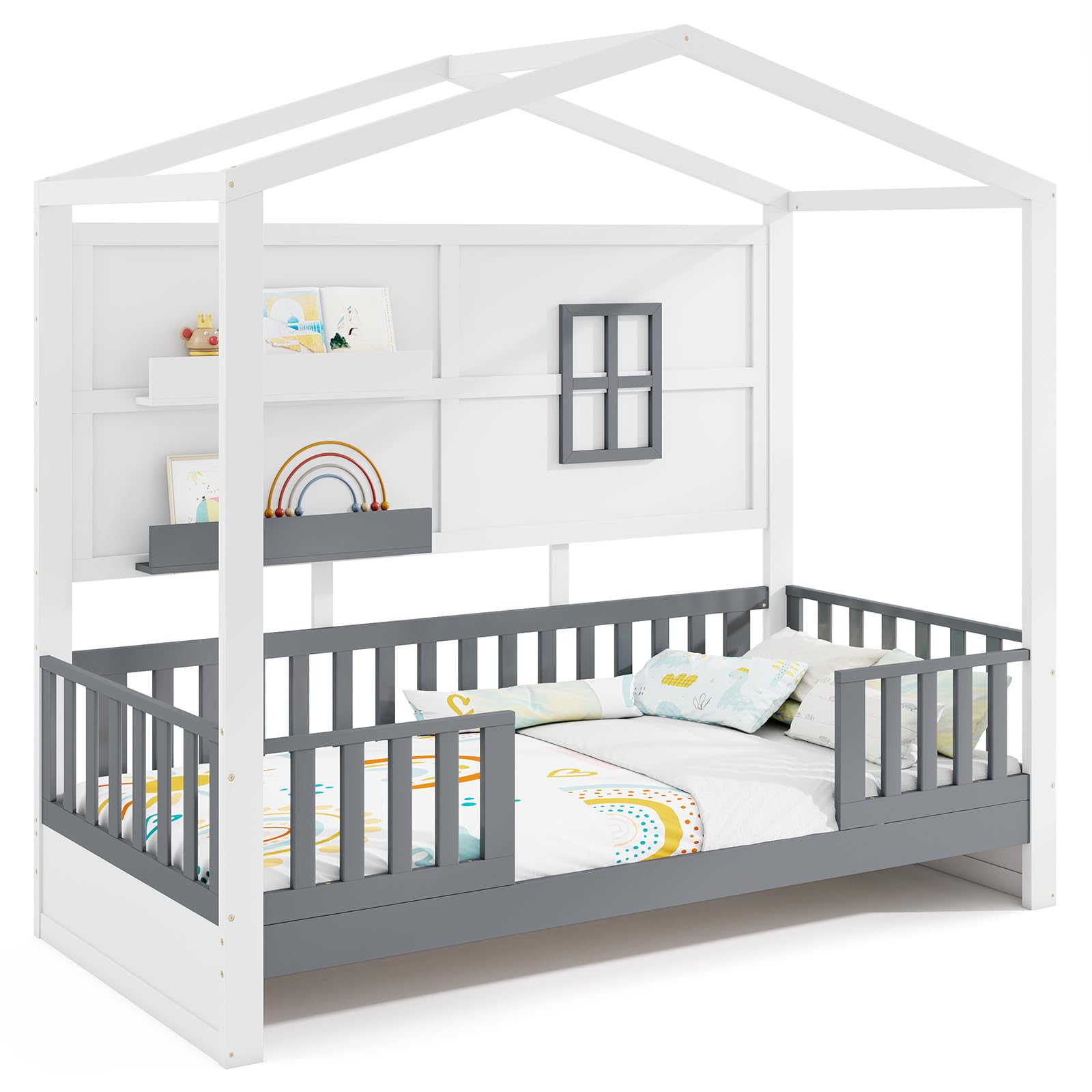 COSTWAY Letto per Cameretta a Forma di Cassetta 90 x 200 cm, per Bambini Struttura di Legno di Pino, Letto Casetta Montessori con 2 Ripiani Mensole e Protezione Anticaduta, Bianco e Grigio