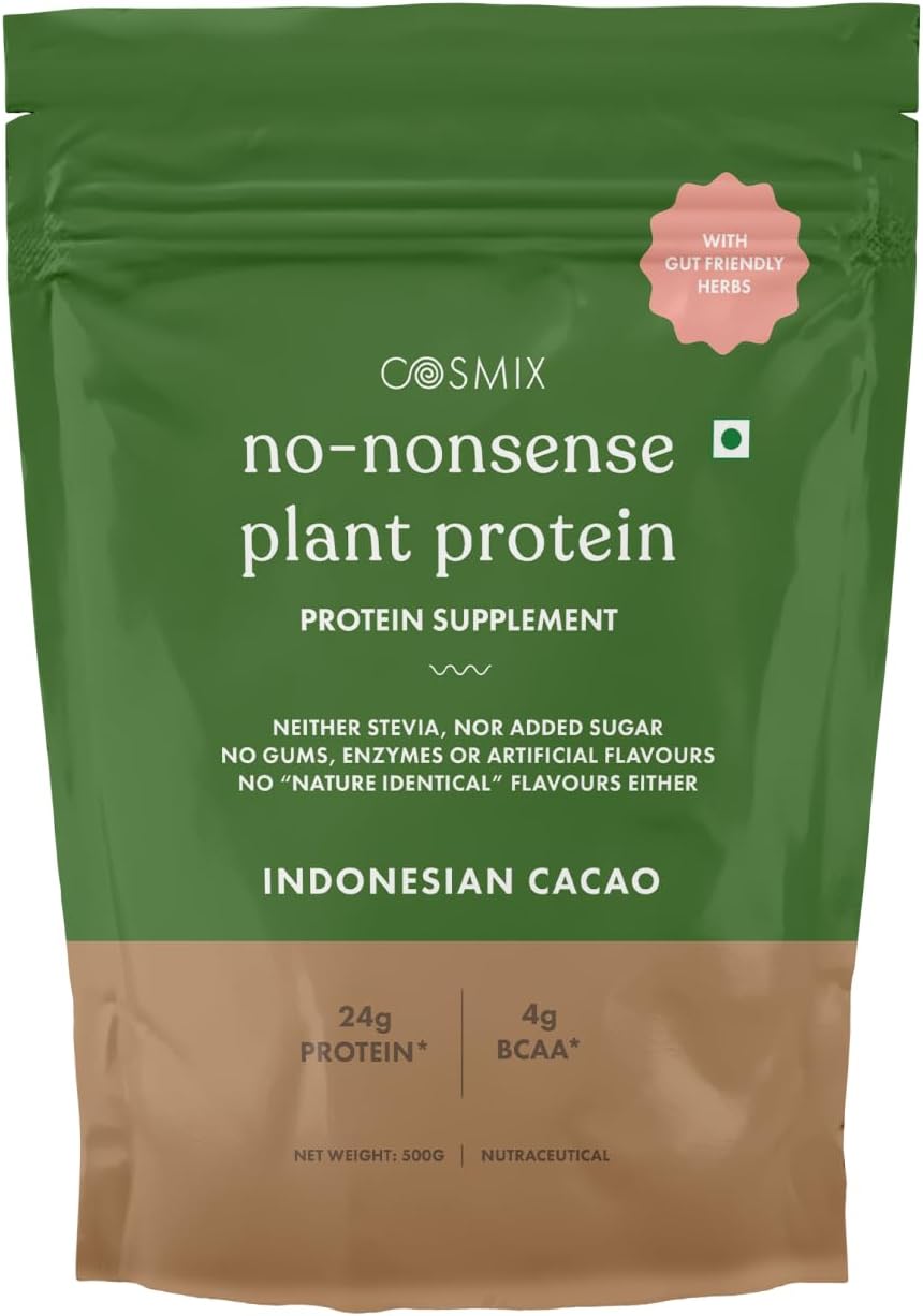 Cosmix No-Nonsense Plant Protein | 24 Protein/Serve, 500g Pouch | Indonesian Cacao (Chocolate) | Plant Based Protein, Pea & Rice Isolate | Clean, Easy to Digest | All Essential Amino Acids