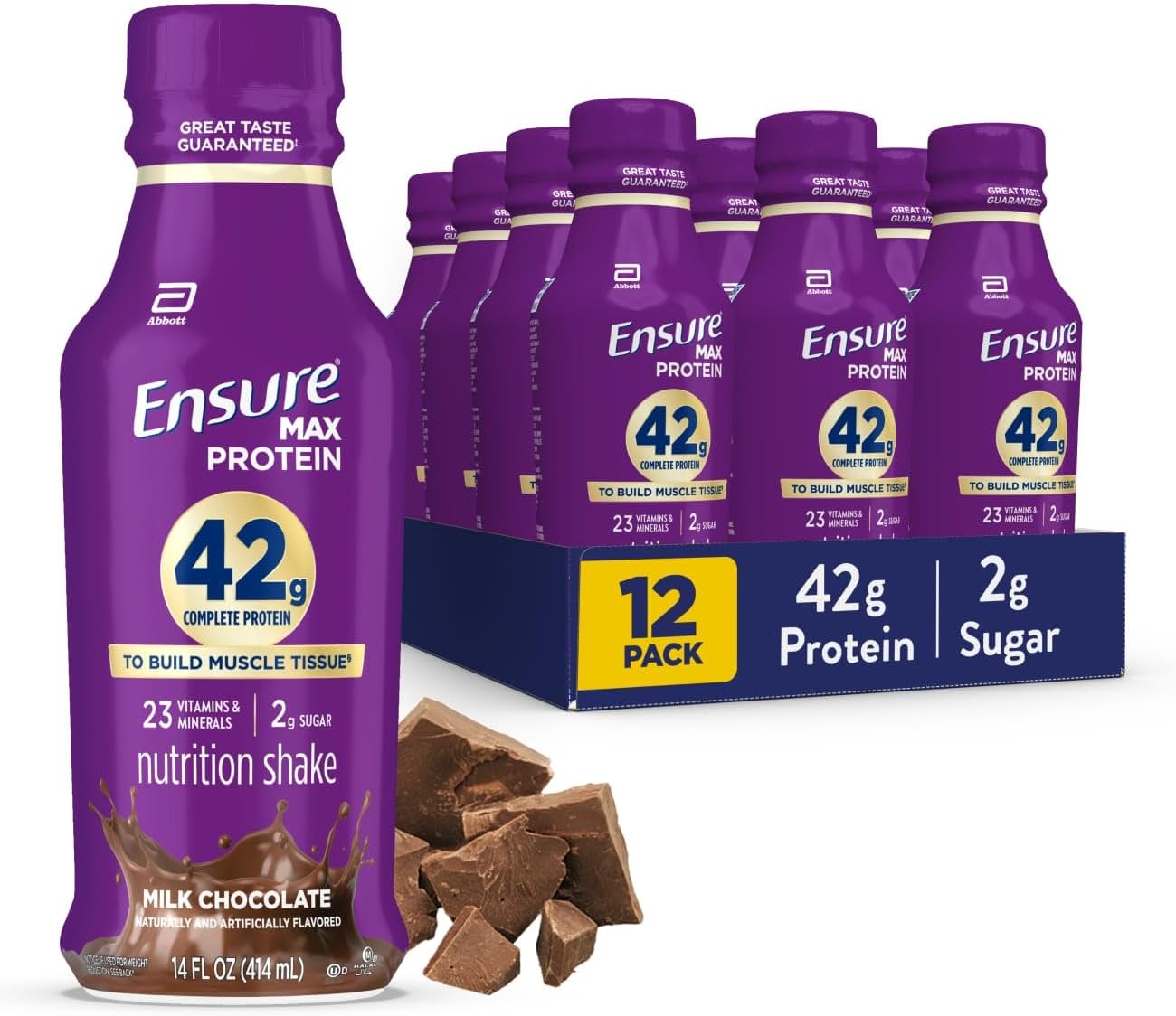 Ensure Max Protein Shake | 42g Complete Protein | Milk Chocolate | Ready to Drink | High Protein | 23 Vitamins & Minerals | 2g Sugar | 14 fl oz, 12 Pack
