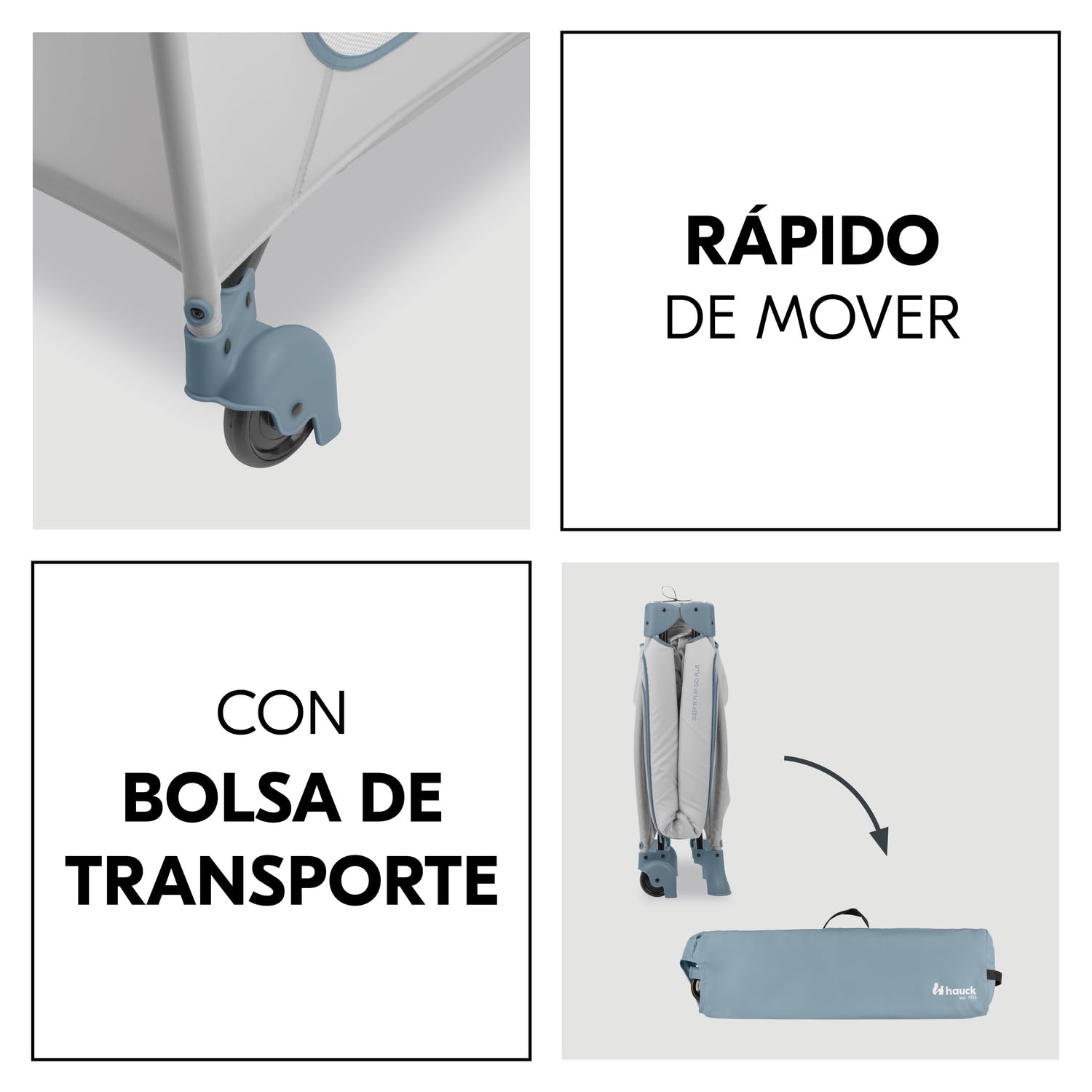 Hauck Sleep N Play Go Plus Cuna de Viaje con Ruedas, Parque Infantil desde el Nacimiento, Cuna Bebe Viaje con Bolsa de Transporte, Parque Bebe Plegable con Apertura XL - Dusty Blue