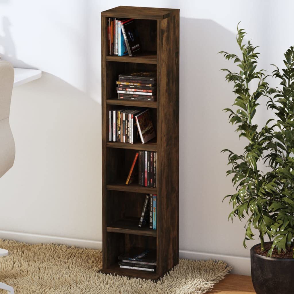 Toshilian Étagère Rangement CD/DVD, Armoire à CD Meuble de Rangement CD Armoire à CD Chêne fumé 21x20x88 cm Bois d'ingénierie