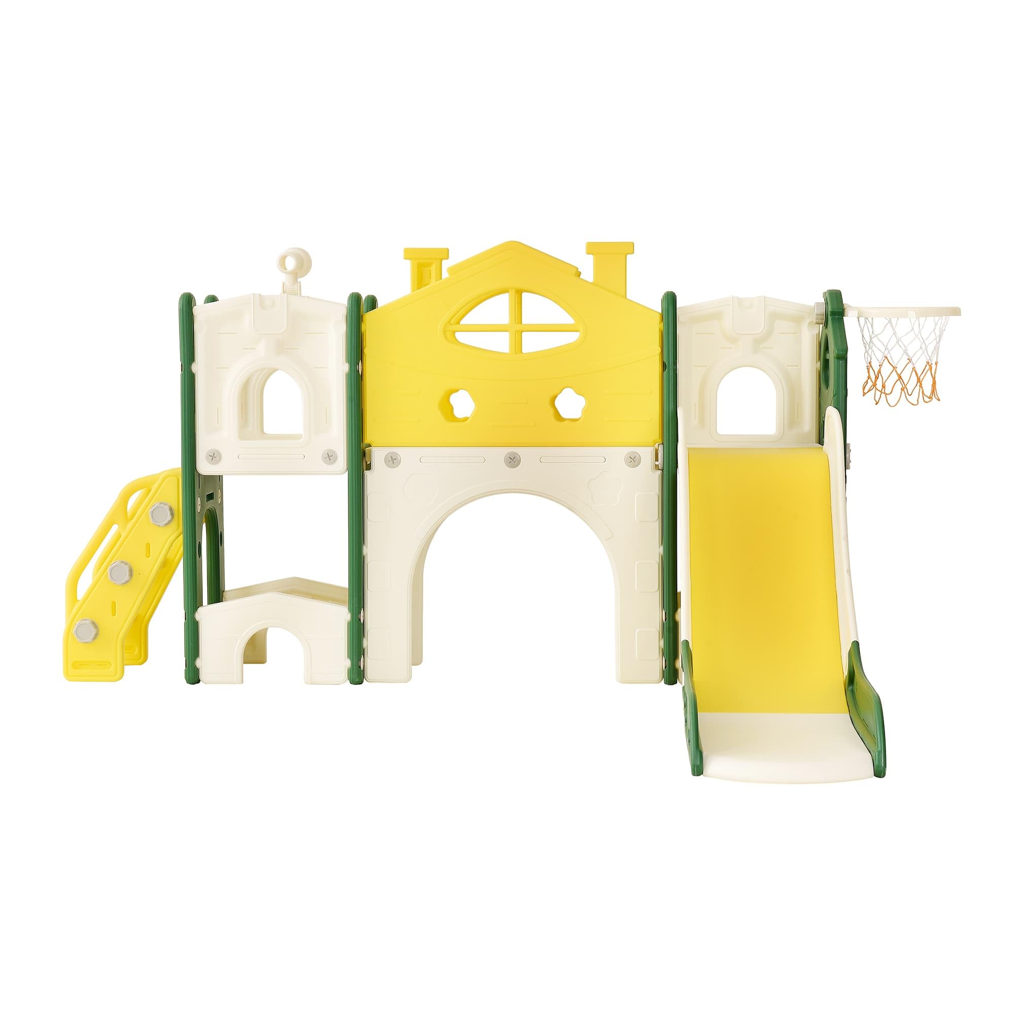 7 in 1 Kinderrutsche mit Kletterleiter,Indoor Outdoor Kinderspielplatz | Kleinkinderrutsche mit Basketballkorb, Klettergerüst, Teleskop, Tunnel, Plattformgang, Aufbewahrungskorb, Kinder Spielplatz