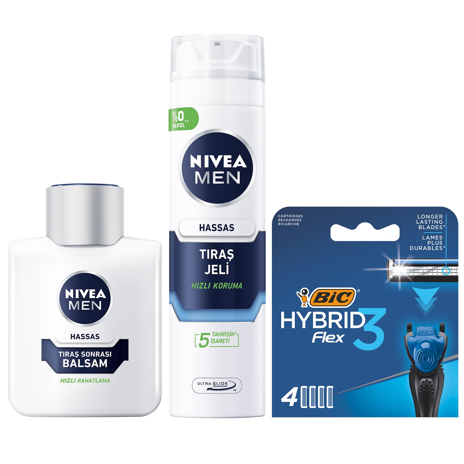 NIVEA MEN Erkek Hassas Tıraş Sonrası Balsam 100 ml, E Vitamini, Pro Vitamin, Alkolsüz, Hassas Ciltlere Özel + Tıraş Jeli 200 ml + BIC Hybrid 3 Flex 4'lü Yedek Tıraş Bıçağı Kartuşu