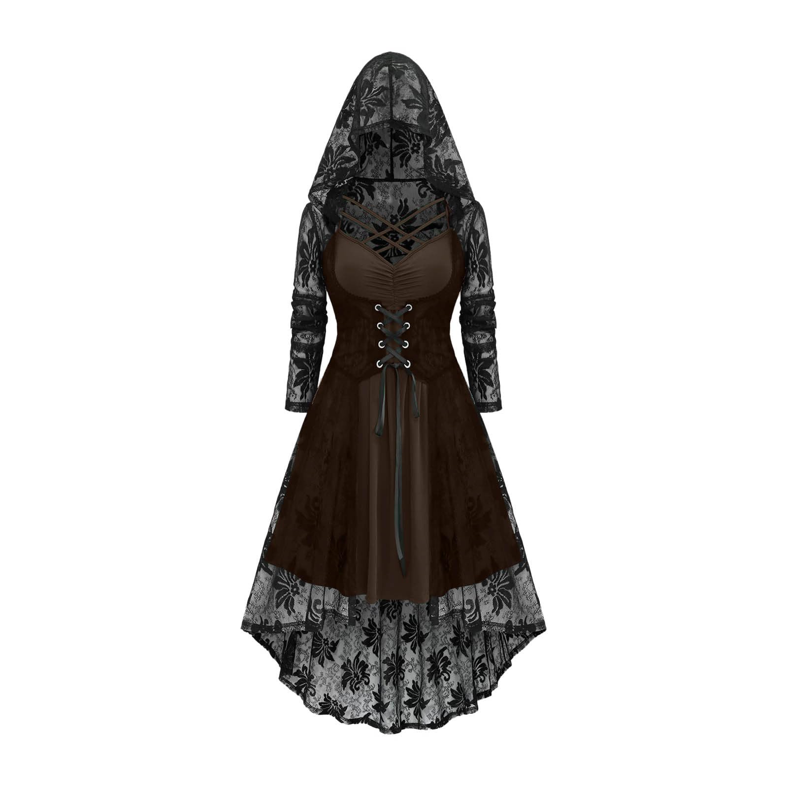 Meeyuioe Womens Halloween Gothic Dresses Plus Size A Line Y2K Hooded Dress Casual Off Shoulder Long Sleeve Party Evening Costumes Vampire Dress Women Coffee L