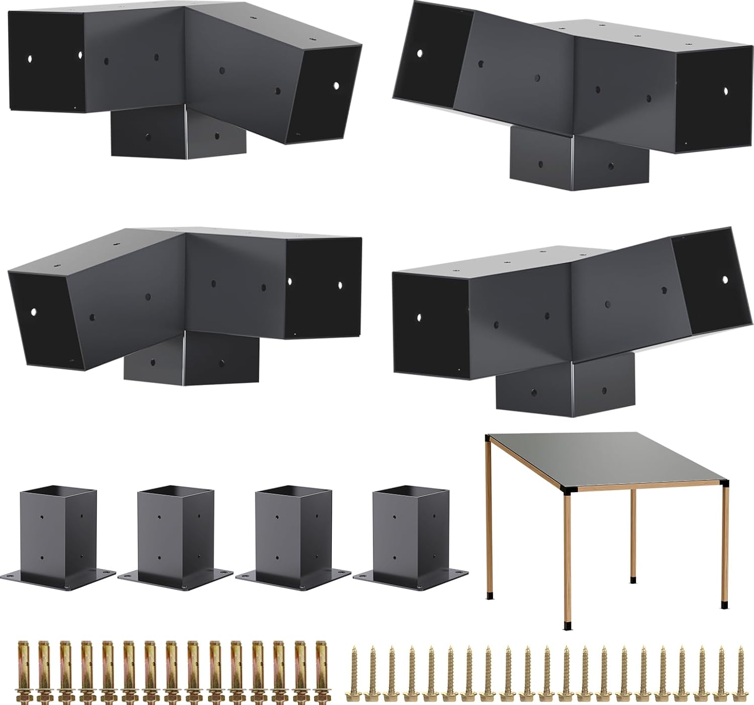Pergola Kit - 3-Way Slanted Brackets, Powder-Coated, 4" x 4" (Actual: 3.5x3.5 Inch), Hardware for Outdoor Wood Pergolas, Gazebos, Sheds (8 pcs)