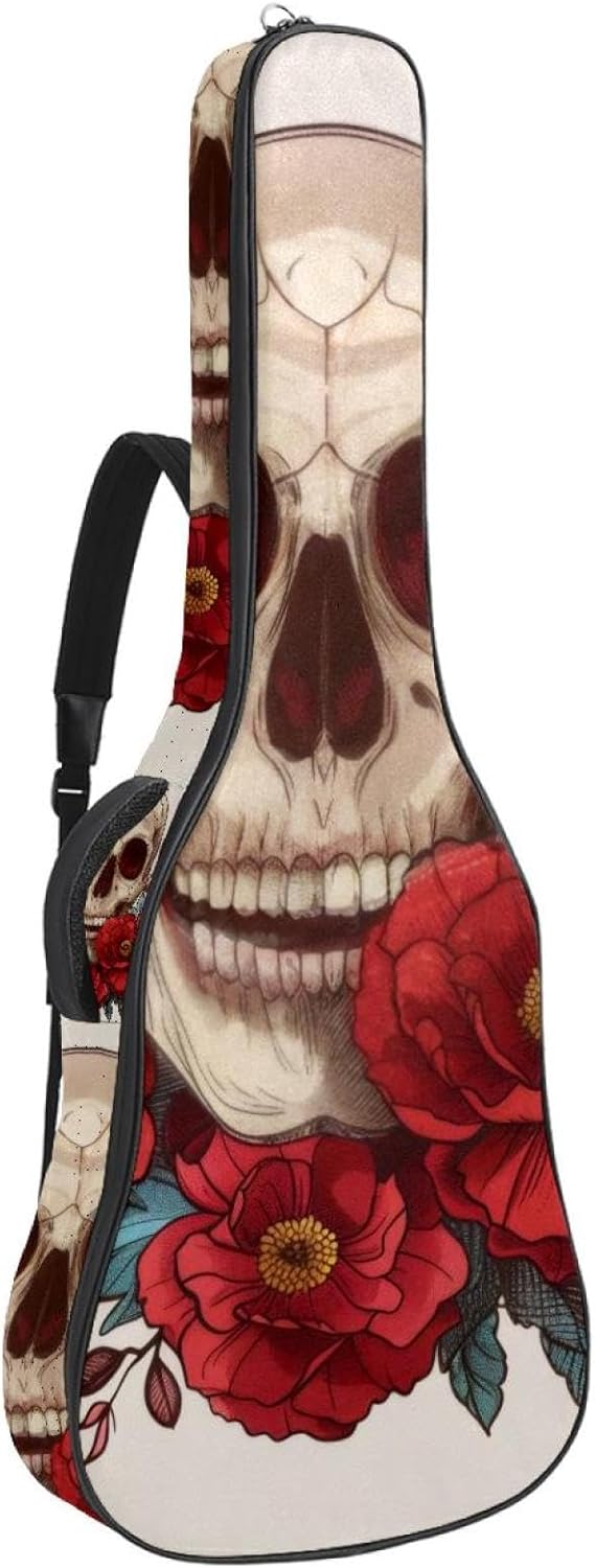 40 41 42 Inch Guitar Bags, Waterproof Padded Acoustic Guitar Case Backpack with Adjustable Shoulder Strap & Pockets, Day of the Dead Skull and Flowers