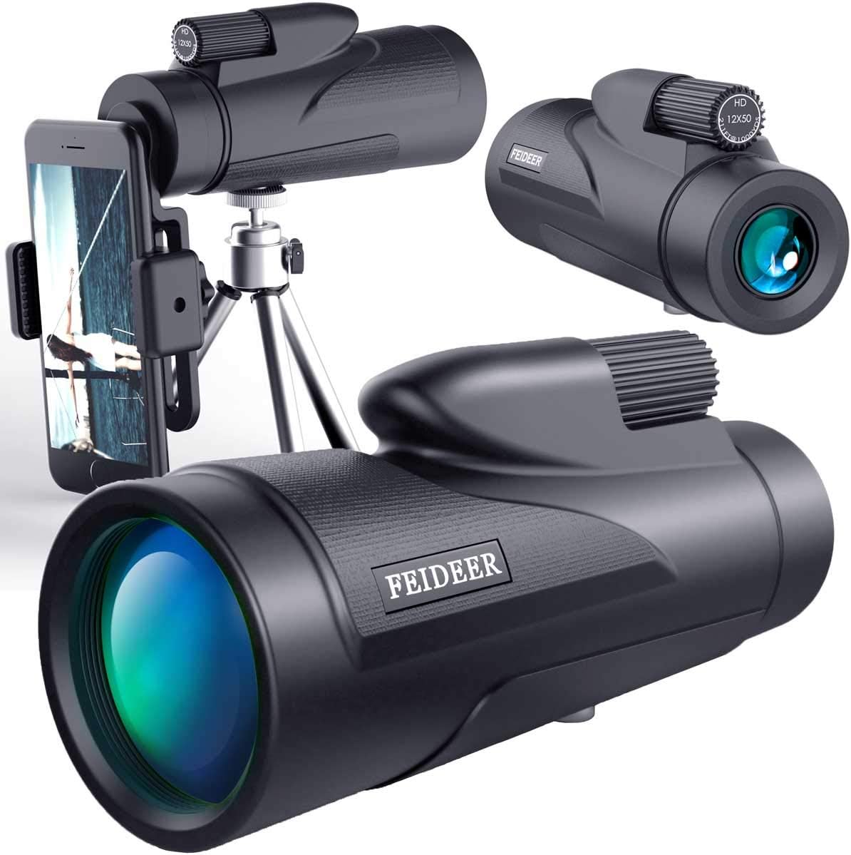 Monocular Telescope High-powered FEIDEER 12x50 HD BAK4 FMC Prism Waterproof Fogproof Shockproof Monoscope With Smartphone Holder and Tripod Low Light Night Vision For Concert Camping Bird watching Etc