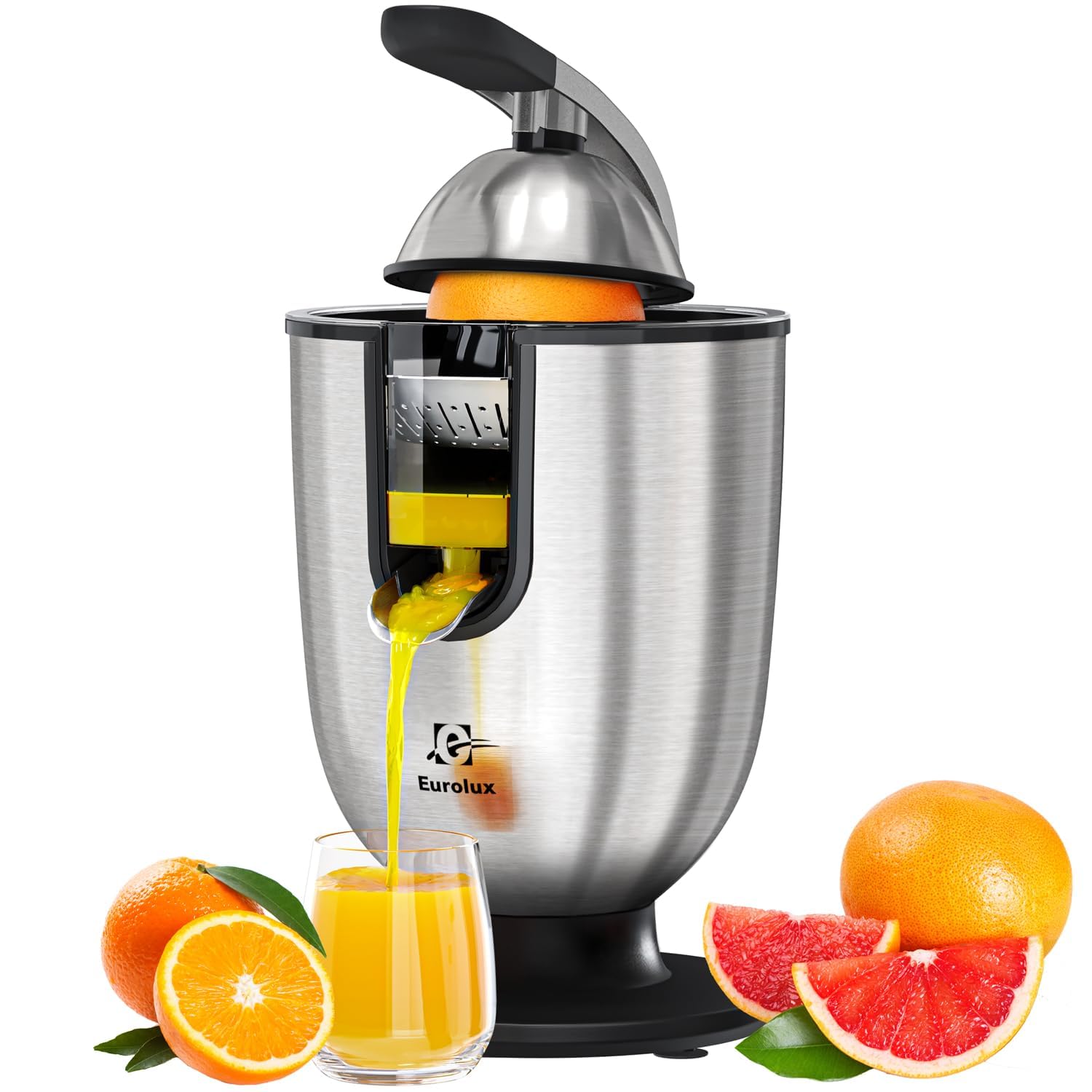 Eurolux - Premium Orange Electric Juicer, Stainless Steel Citrus Juicer with Ultra Powerful Motor and Soft Grip Handle for Effortless Juices, Auto Shut-Off, Parts