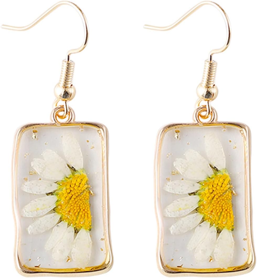 Pressed Flower Dangle Drop Earrings for Women 14K Gold-Toned Handmade Dried Flowers Teardrop Dangling Earring Geometric Charms Blossom Fish Hook Forget Me Not Jewelry for Wedding Holiday