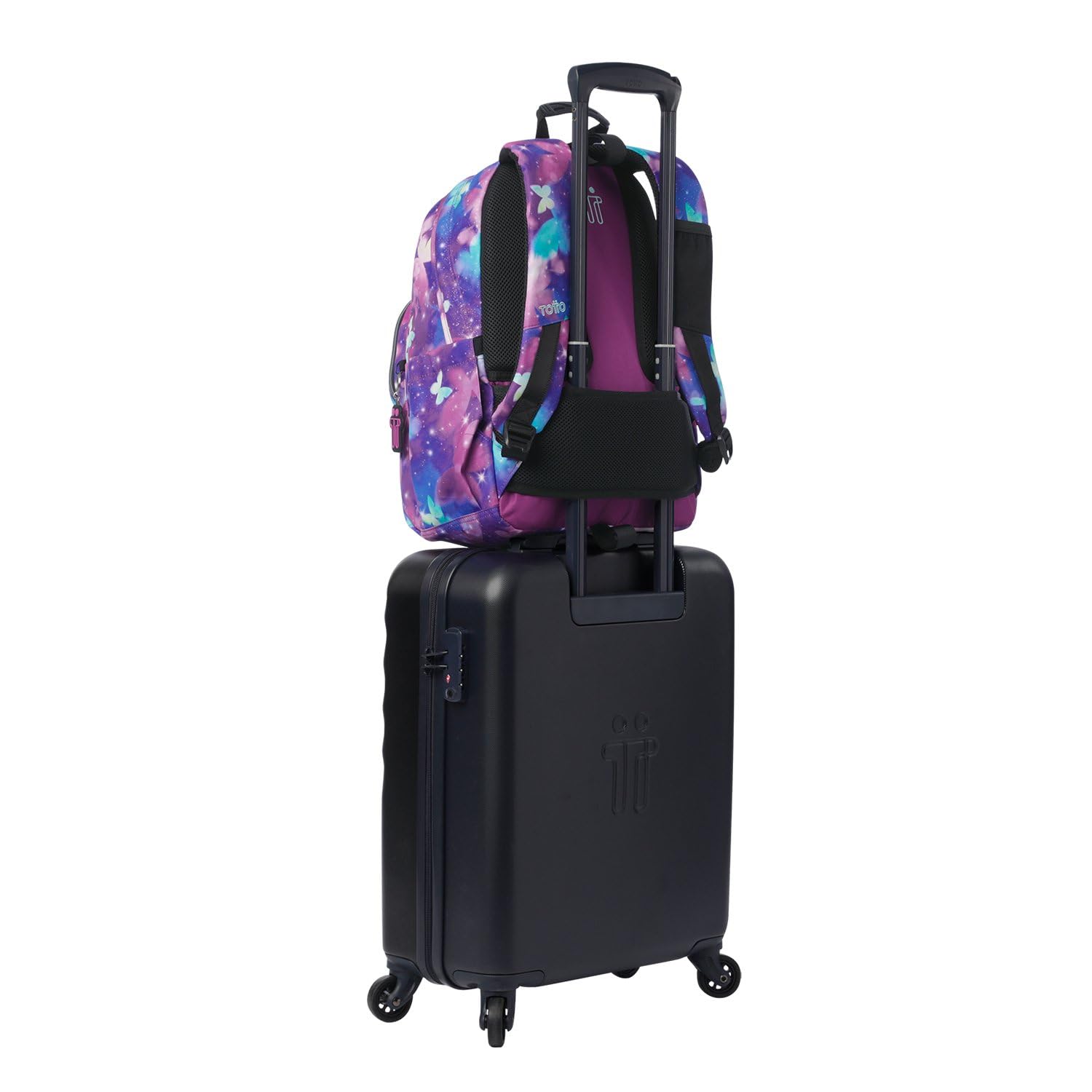 TOTTO - Mochila Escolar Adaptable a Carro, Modelo Acuareles, Capacidad 20 L, Bolsillo Pc 14", 2 Bolsillo Botella, Espaldar Ergonómico con Flujo de Aire, Correas en S, Estampado Star Butterfly Glitter