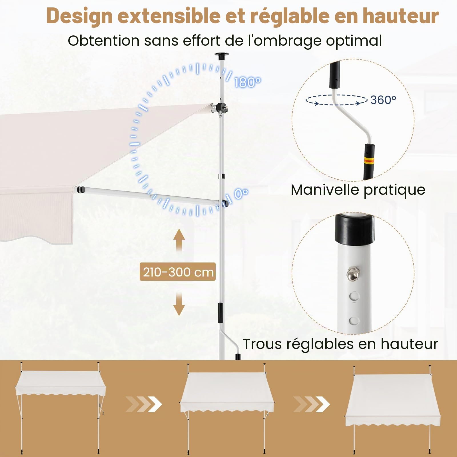 FANTASK Store de Balcon avec manivelle, résistant aux UV, sans perçage, Hauteur réglable (Blanc)