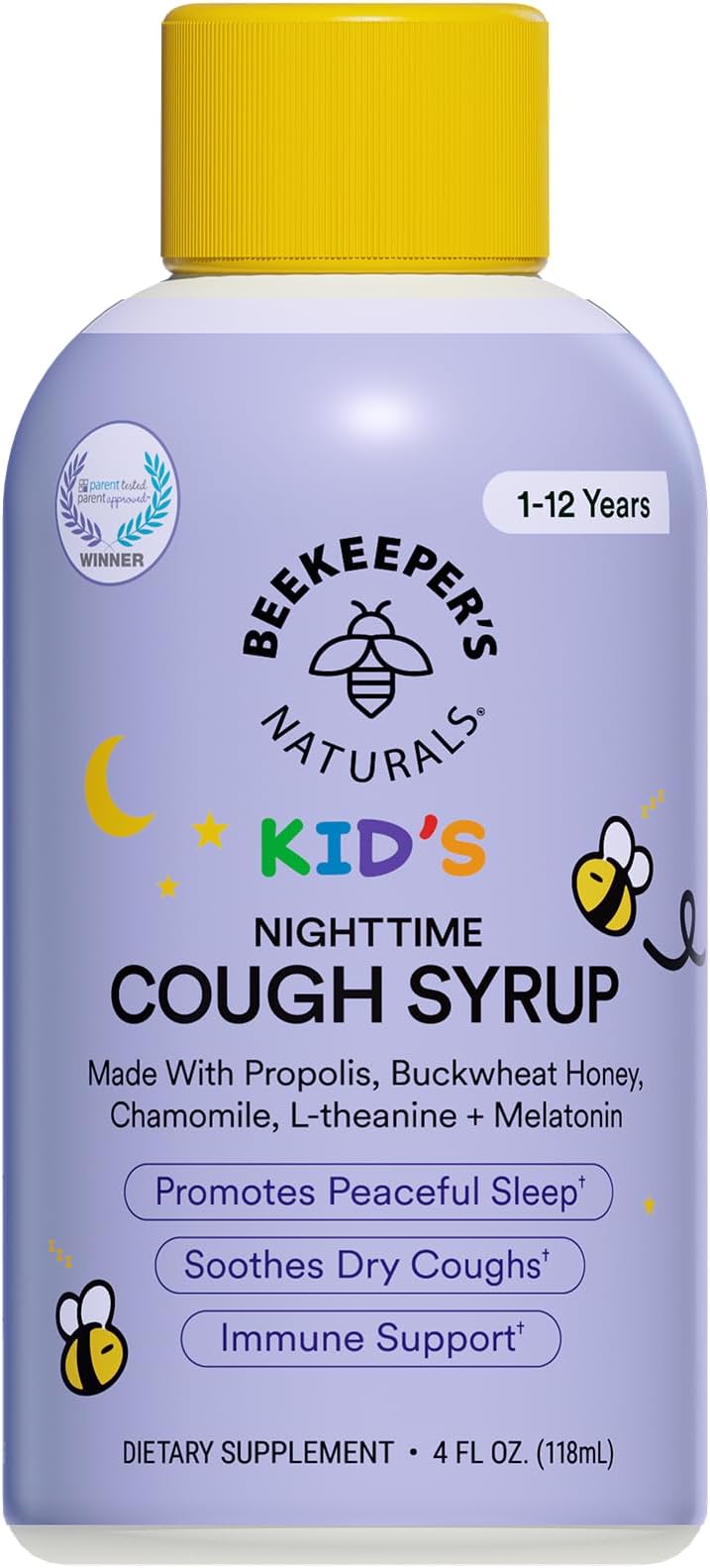 Beekeeper's Naturals Propolis Honey Cough Syrup Nighttime for Kids Immune Support with Propolis, Elderberry & Raw Honey - Sleep Support with Chamomile & L-Theanine - Gluten Free, 4 oz.
