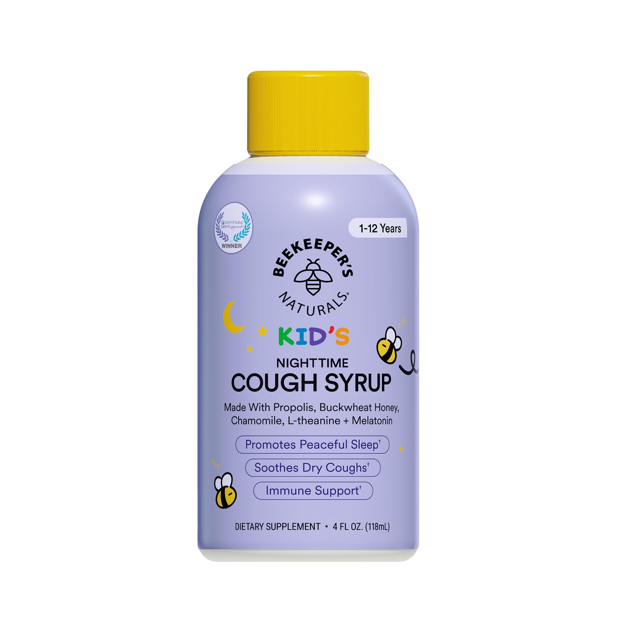 Beekeeper's Naturals Propolis Honey Cough Syrup Nighttime for Kids Immune Support with Propolis, Elderberry & Raw Honey - Sleep Support with Chamomile & L-Theanine - Gluten Free, 4 oz.