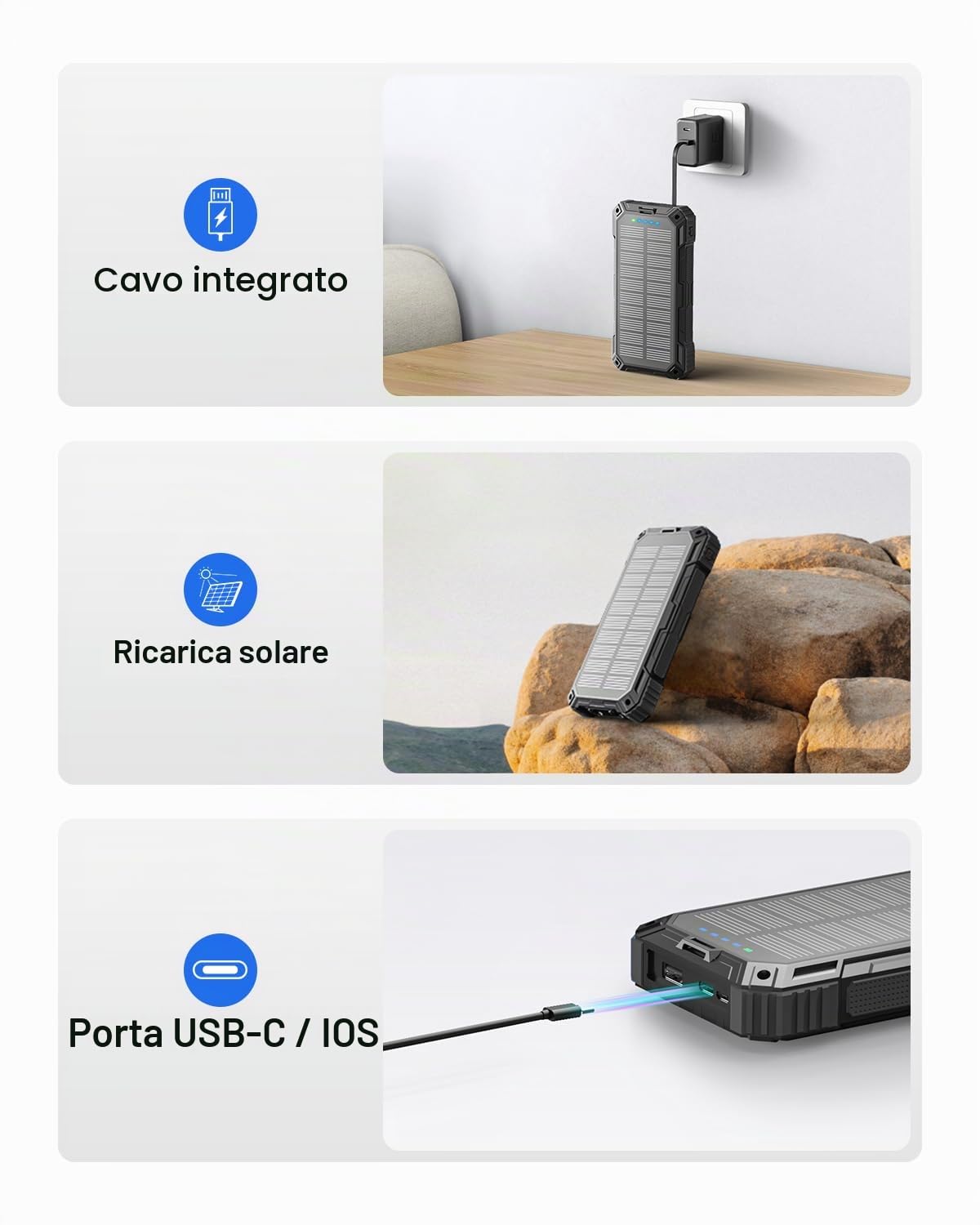 Power Bank Solare, Caricabatterie Portatile Wireless per Cellulari da 26800mAh, Batteria Esterna a Ricarica Rapida QC3.0 da con 4 Cavi Integrati, Ingresso/Uscita USB-C, con Doppia Torcia per Esterni
