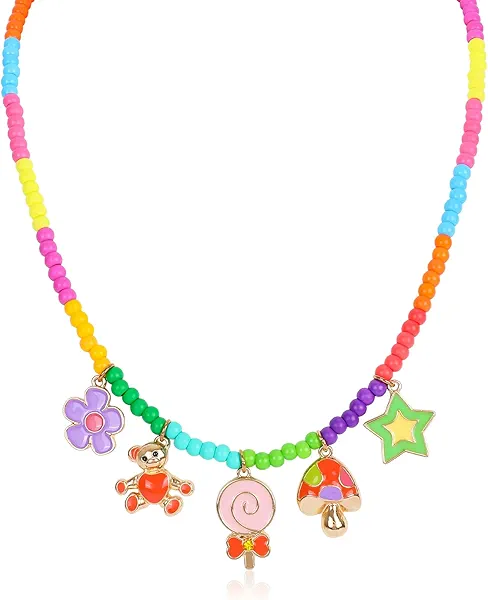 Colorful Beaded Necklace for Women Cute Peace Sign Charm Bohemian Rainbow Beads Hippie Pendant Choker Necklace Lollipop Flower Bear Mushroom Star Adjustable Handmade Boho Summer Beach Y2K Jewelry Gift