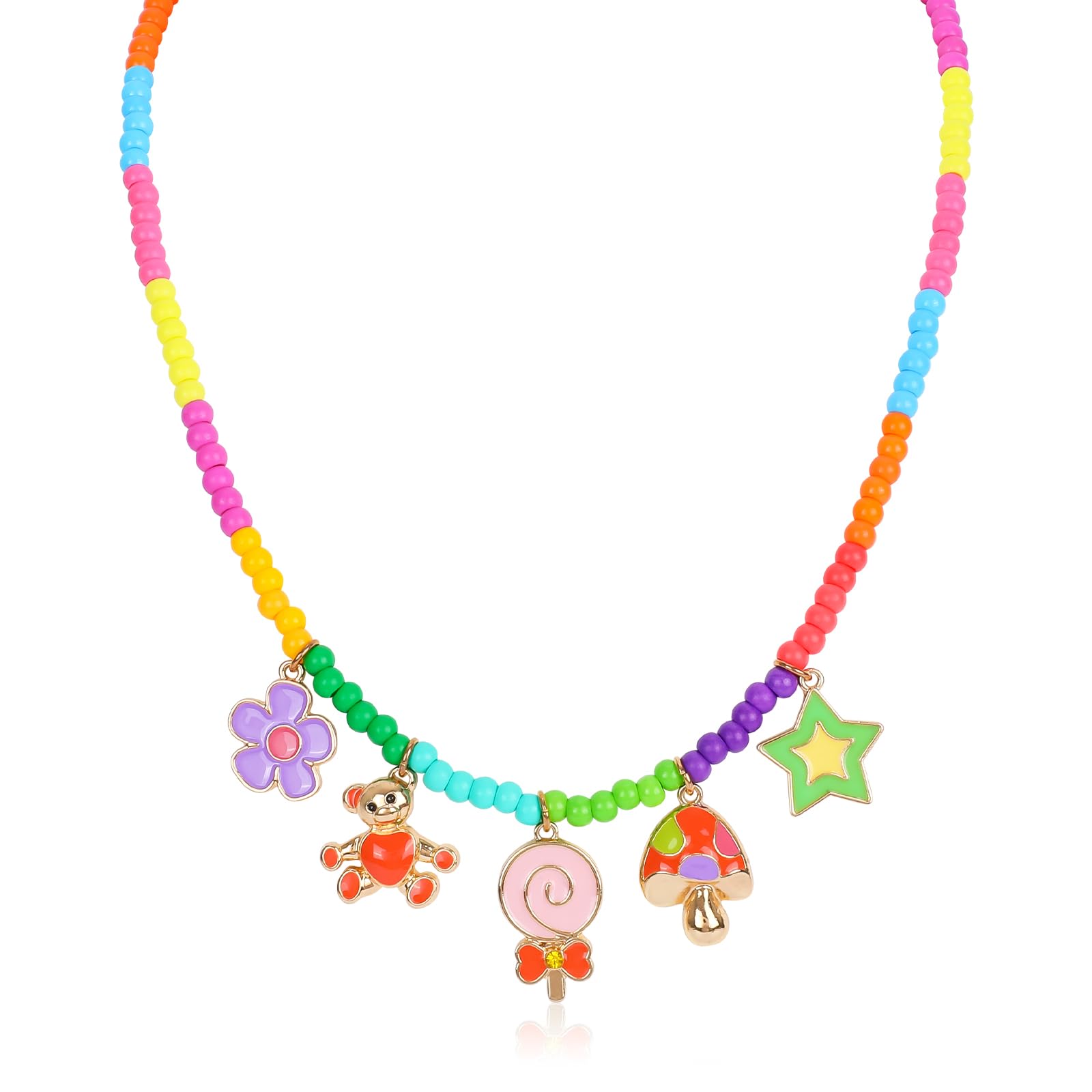 Miss RabbitColorful Beaded Necklace for Teen Girls with Cute Charm Bohemian Seed Beads Choker Necklace Lollipop Flower Bear Mushroom Star Pendant Adjustable Handmade Boho Beach Y2K Jewelry Gift for Women Girls,