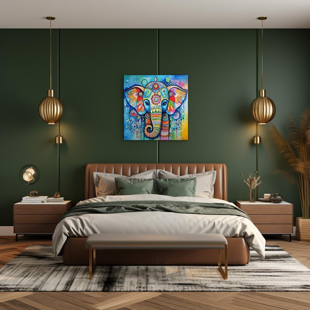 Canvas for Living room. A Tapestry of Color: The Vibrant Elephant Mosaic Against a Serene Blue Canvas, 27 x 18 inch Canvas Wall Art - Ready to Hang - 69x46 cm (27x18 inch)