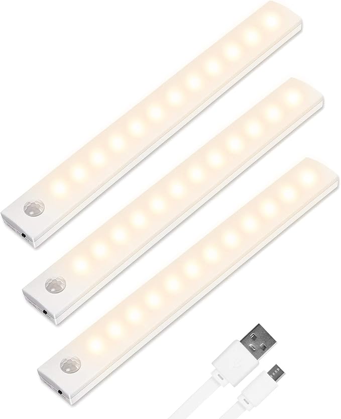 Vicloon Vicloon Kastverlichting met Bewegingssensor, 3 stuks 12 LED-Kastverlichting, Draadloos USB oplaadbaar kastnachtlampje met magnetische strip voor kledingkast, kast, trappen