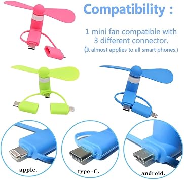 3PCS Mini Mobile Phone Fans, 3 In 1 Portable Usb Mini Fan For Android Phone/Usb Phone Type-C And More, Pocket Fan (Pink Green Blue)