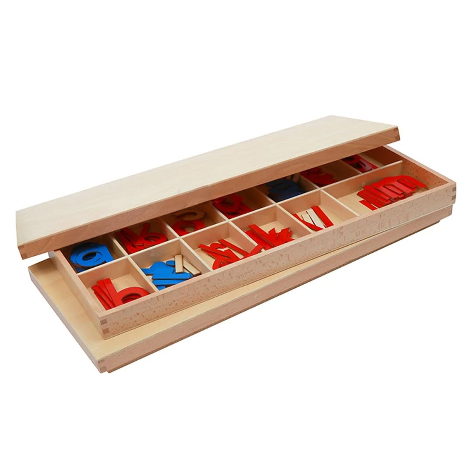 Montessori ruchome alfabet, drewniane pudełko z małymi literami | Czerwono-niebieski zestaw ruchomego alfabetu, materiały językowe, zabawka edukacyjna nauki fonetycznego pisania