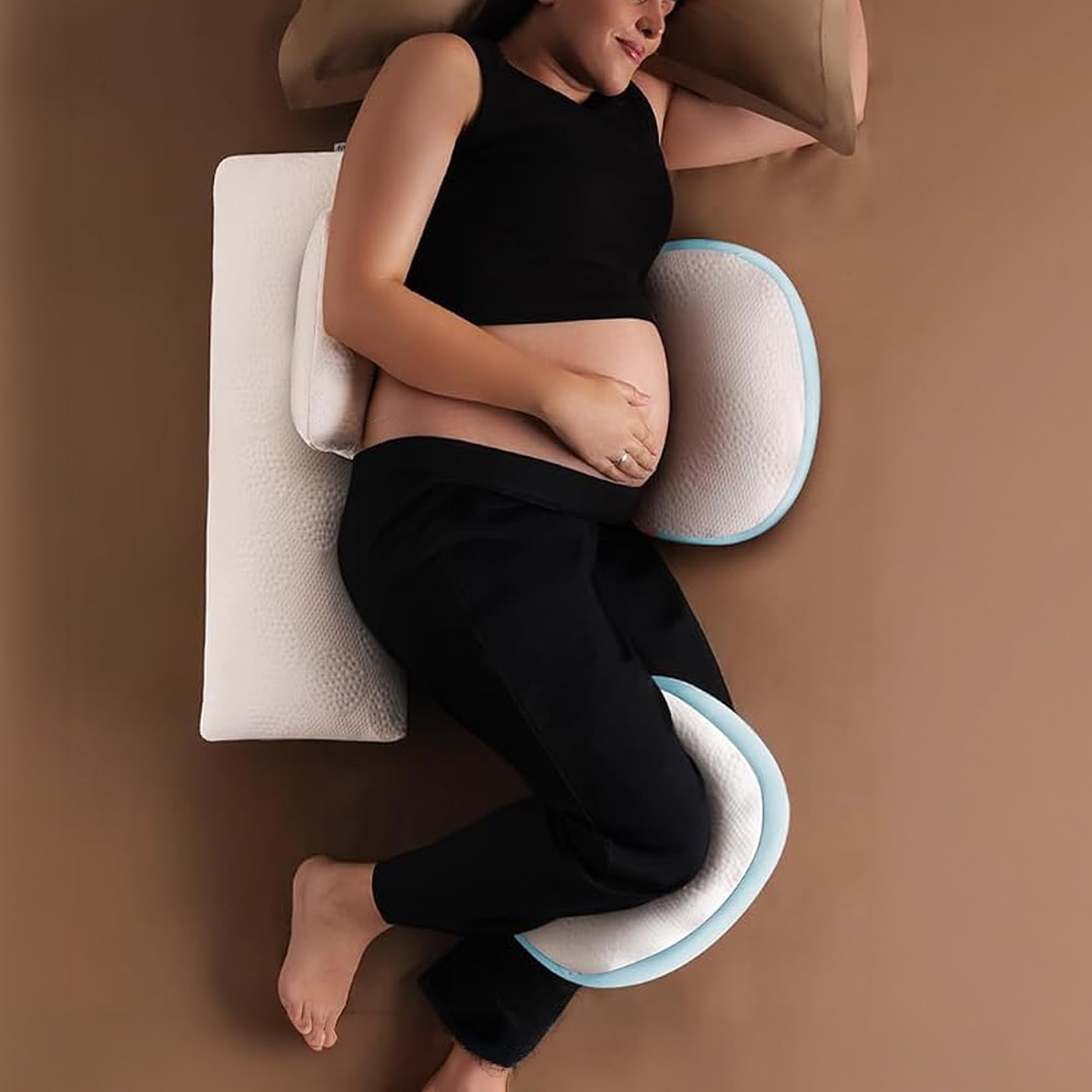 Frido Maternity Pillow Bundle Plus for Pregnant Women, Full Body Pregnancy Pillow Set for Belly, Back, Hip & Knee Support, Adjustable Side Sleeping Comfort System, Washable Cover, Baby Blue