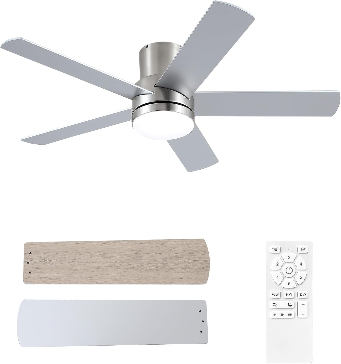 42 Inch Nickel Ceiling Fan with Light Flush Mountand Remote Control,Dimmable 3 Color Temperatures LED Ceiling Fan,6 Speed Reversible DC Motor,5 Blades Modern Ceiling Fans for Indoor or Covered Outdoor Nickel 42 Inch