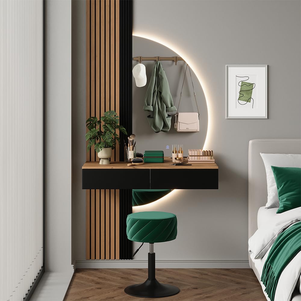 Vicco Tavolo da toeletta Melina, Quercia/nero, 100 cm con specchio a LED, Perfetto per una routine di bellezza organizzata