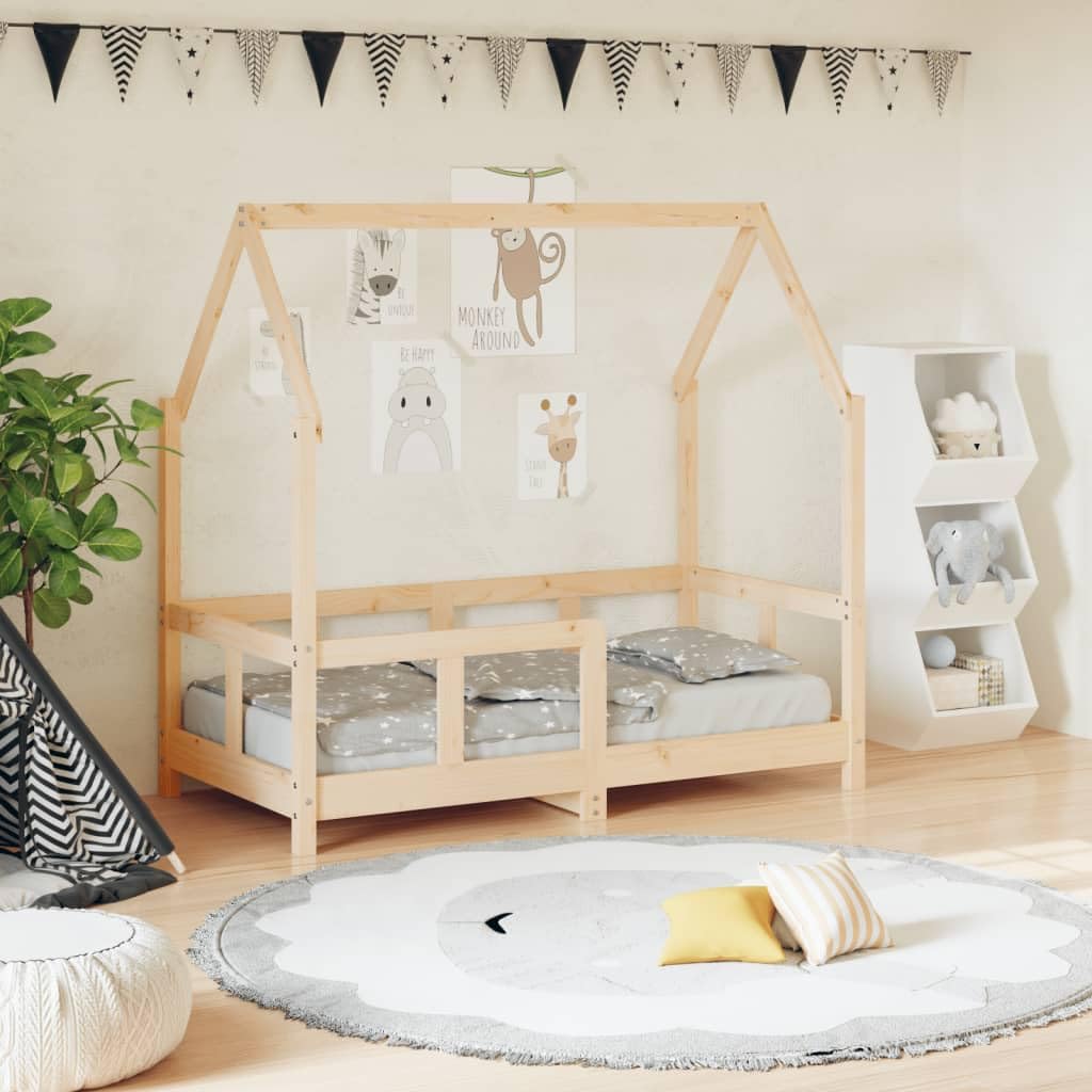 Lettino per bambini, 70 x 140 cm, in legno massello di pino con rete a doghe, letto a sbarre per bambini, spazio per dormire e area giochi, in legno stabile per la cameretta dei bambini