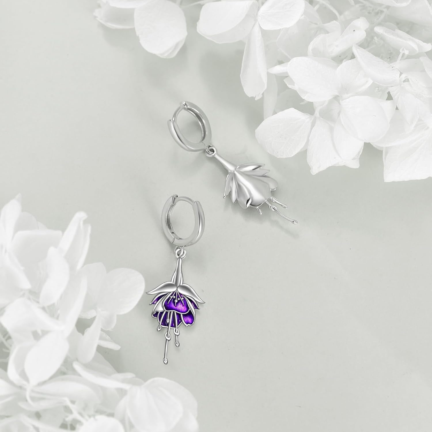 Fuchsia Flower Earrings Sterling Silver Purple Flower Drop Dangle Earrings Flower Jewelry Gift for Women