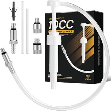 Lower Unit Gear Oil Pump for Standard Quart Bottles for 28mm bottle caps,10CC Per Pump Stroke,gear oil pump for quart bottle 3/8 inch Metal Swivel, 8mm and 10mm, 3rd Hand Adapter and 19 inch hose