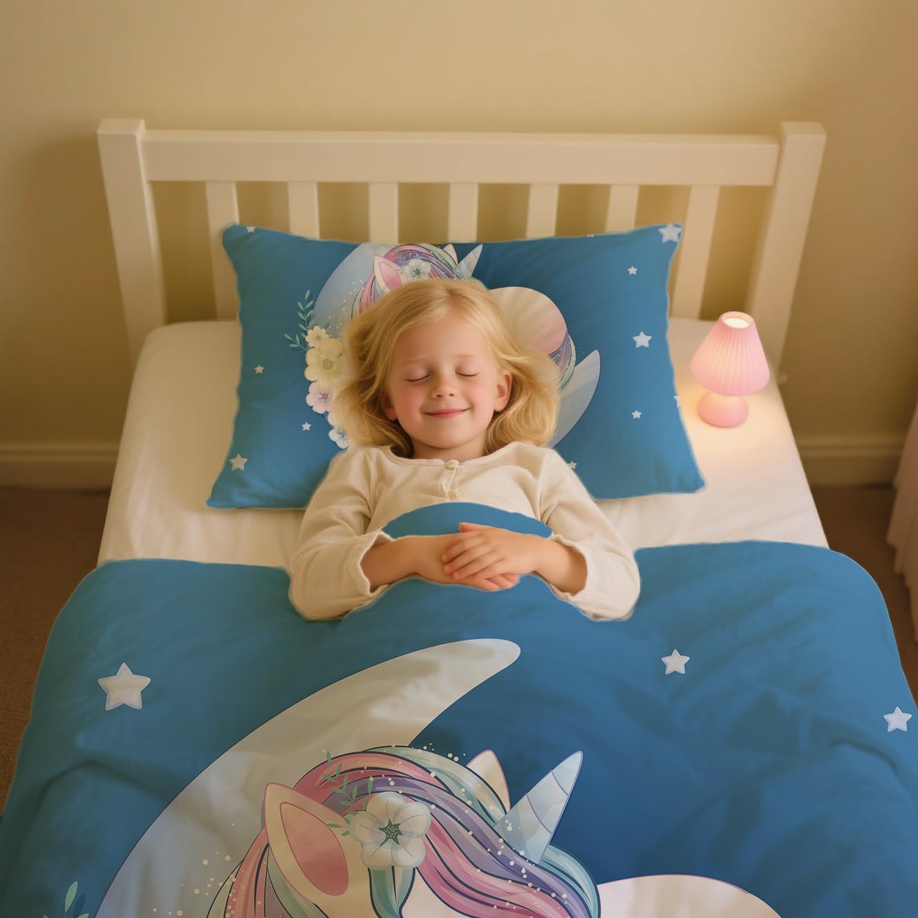 Copripiumino Singolo Bambina 135x200cm, Blu Arcobaleno Unicorno Motivo Microfibra Biancheria da letto - Copripiumino 135x200 e 1 Federa 50X75cm