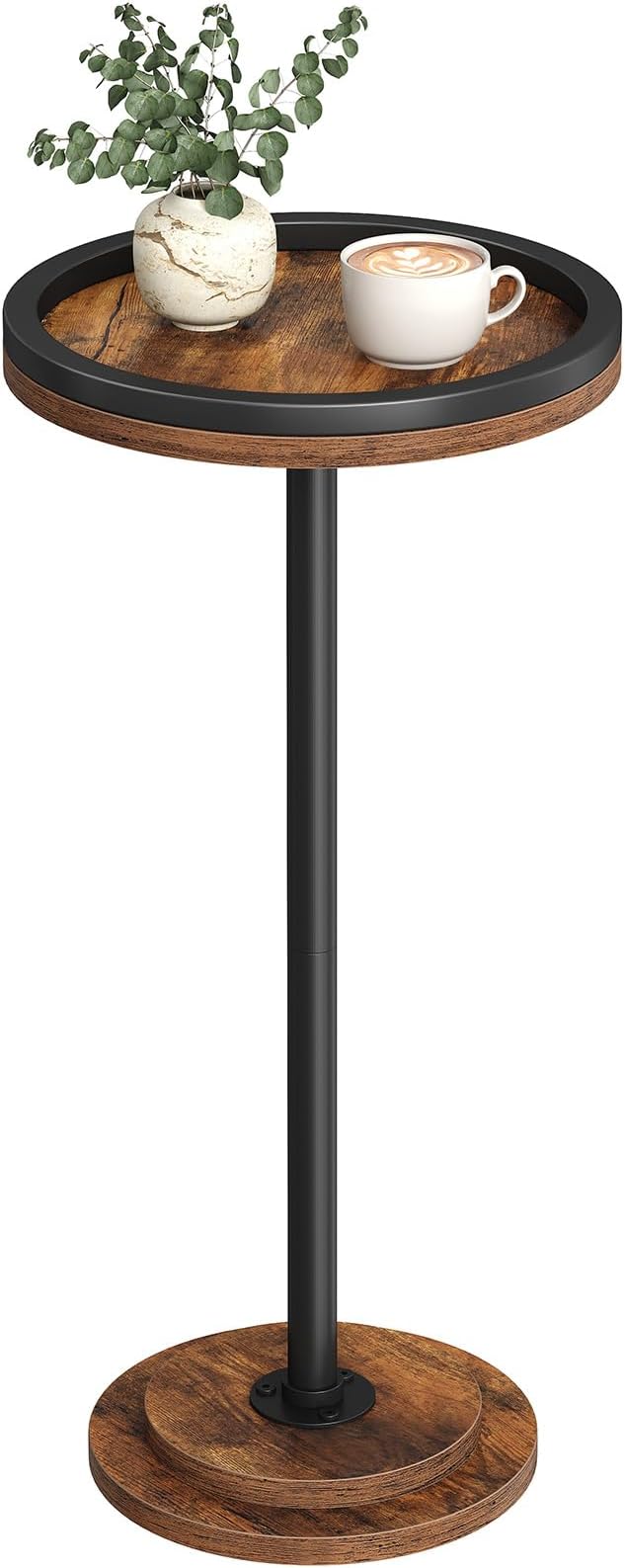HOOBRO Round Tall Side Table, Round Small Drink Table, Retro Pedestal End Table for Living Room, Bedroom, Industrial Martini Table for Small Spaces, Balcony, Rustic Brown and Black EBF168BZ01