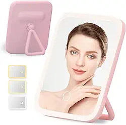 Espelho de Maquiagem com Luz LED Recarregável 3 Cores Ajustáveis Tela Toque Dimerizável Suporte Tripé Portátil para Viagem Vestiário Penteadeira (rosa)