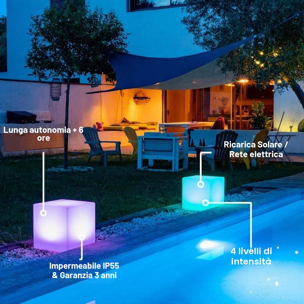 Cubo LED Solar & Impermeabile RGB+W 40 cm 100% indipendente e con telecomando