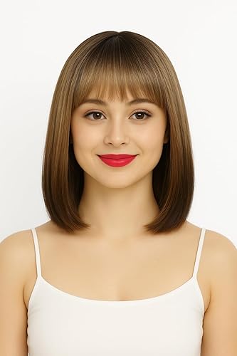 Michelle Young Pelucas cortas de cabello sintético de color degradado castaño y rubio para mujer, peluca de cosplay con flequillo, raíces oscuras,
