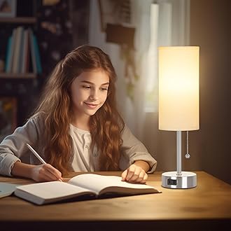 Dott Arts Table Lamp for Bedroom, 3-Color Bedside Lamps with Pull Chain, Bedroom Table Lamps for Nightstand,AC Outlet Small Lamp for Living Room, Bulb Included Nickel