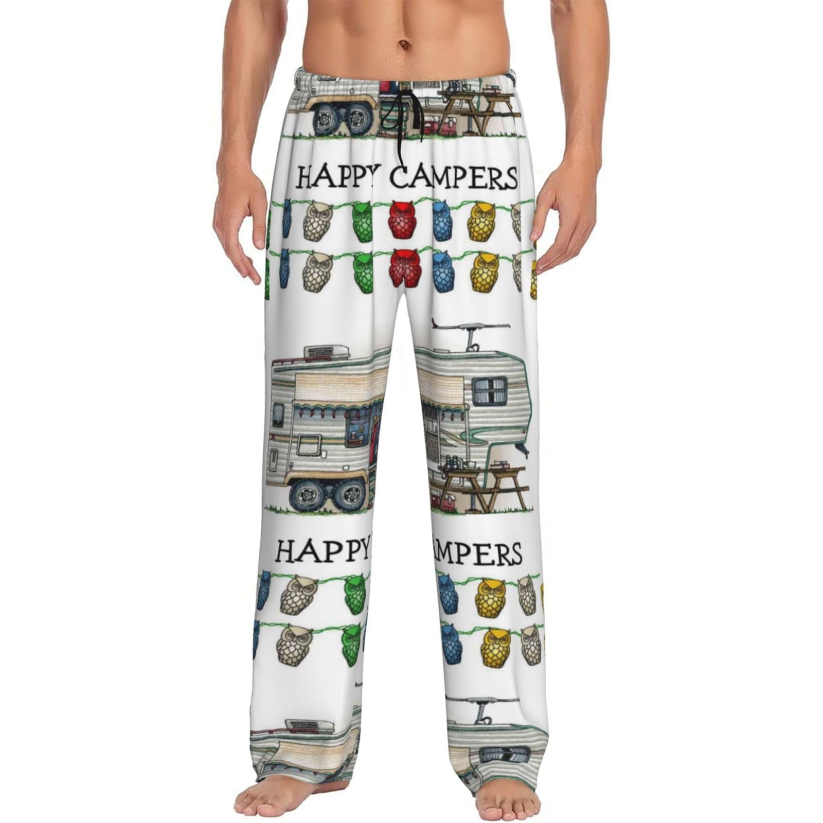 Alliya Men's Black Happy Camper Pajama Pants Loungewear Nighttime Sleep Relax Lazy Weekend Lie In Bed Sofa