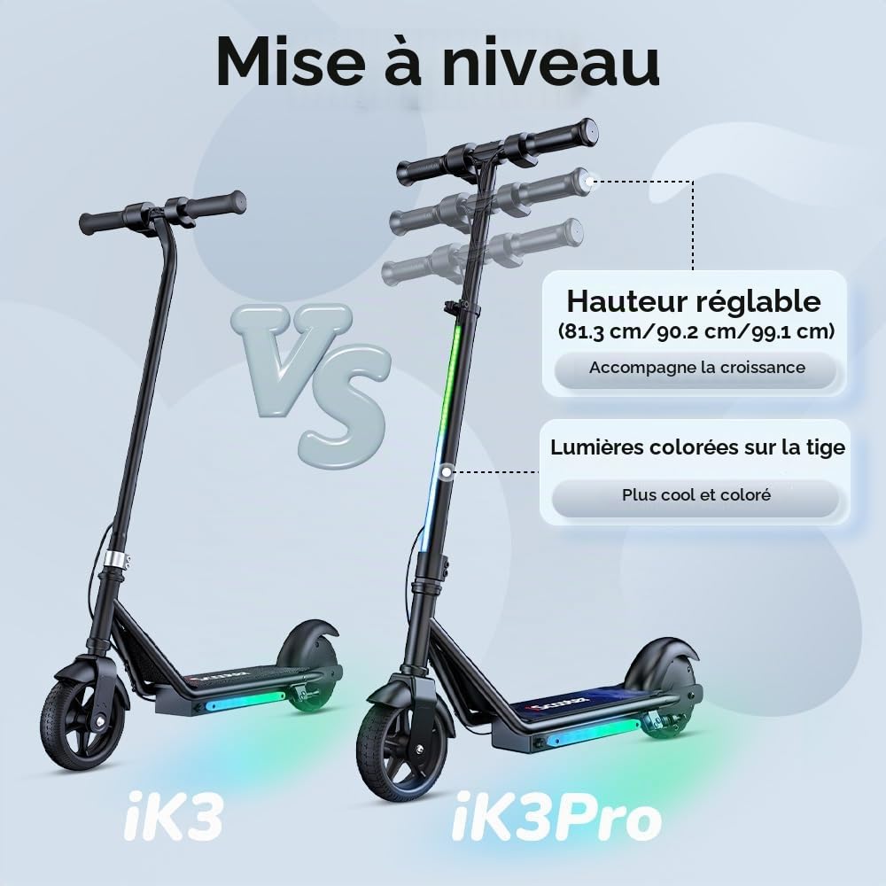 iScooter Trottinette électrique pour Enfants de 6 à 12 Ans, 3 Modes de Conduite (5, 10, 16 km/h), avec Affichage numérique LED et lumières, Hauteur réglable, portée jusqu'à 9 km et 75 kg