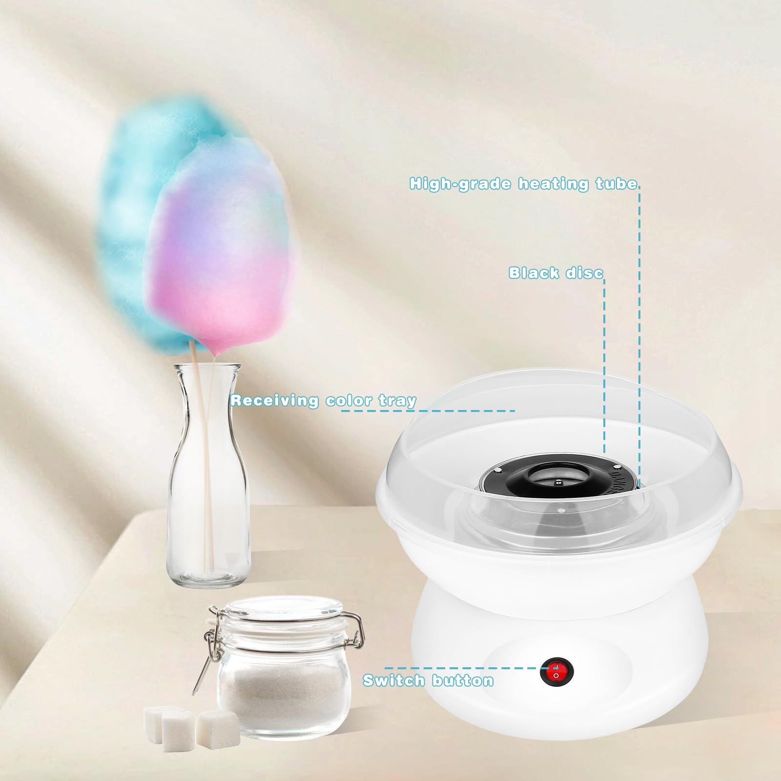 Vegena Maquina De Algodon De Azucar, Retro Cotton Candy Machine, Maquina Algodon Azucar, 450w Máquina De Algodón De Caramelo con 1 Cuchara De Azúcar Y 10 Palos De Madera para Uso Doméstico Portátil