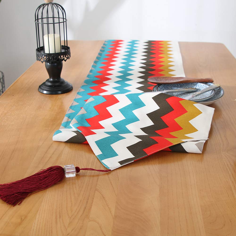FANSU Runner da Tavola Geometrico, Colorato Fatto a Mano Cotone e Lino con Nappe Decorazione Moderno Nordico Semplice Classico per Decorazioni per la Casa, Feste (33×180cm,Rettangolo colorato