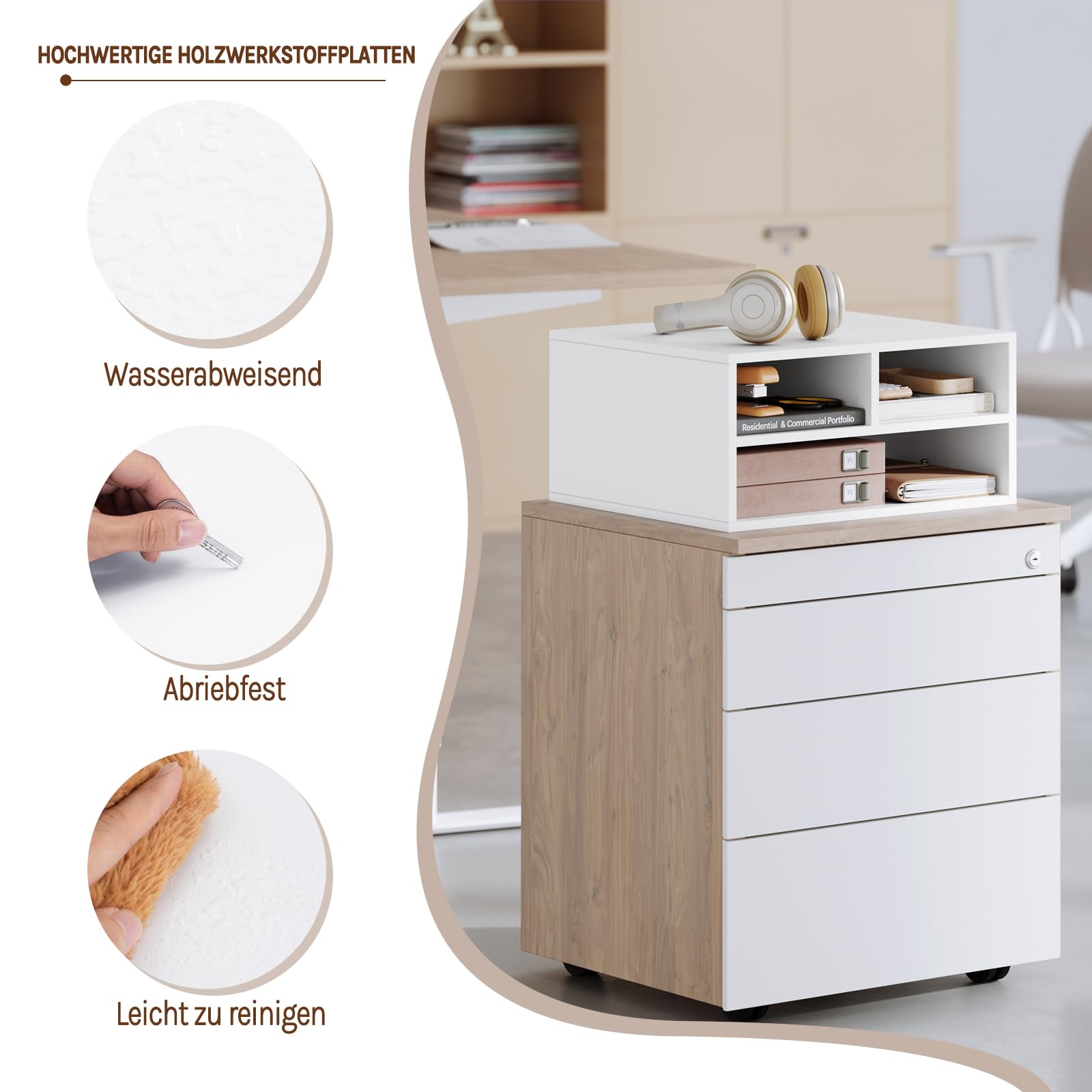 WOLTU Schedario da Ufficio a 2 Livelli con Custodia, Porta Stampante da Scrivania in Legno con 3 Scomparti per l'Ufficio, 47x40x22,5cm, Bianco, ASK15ws