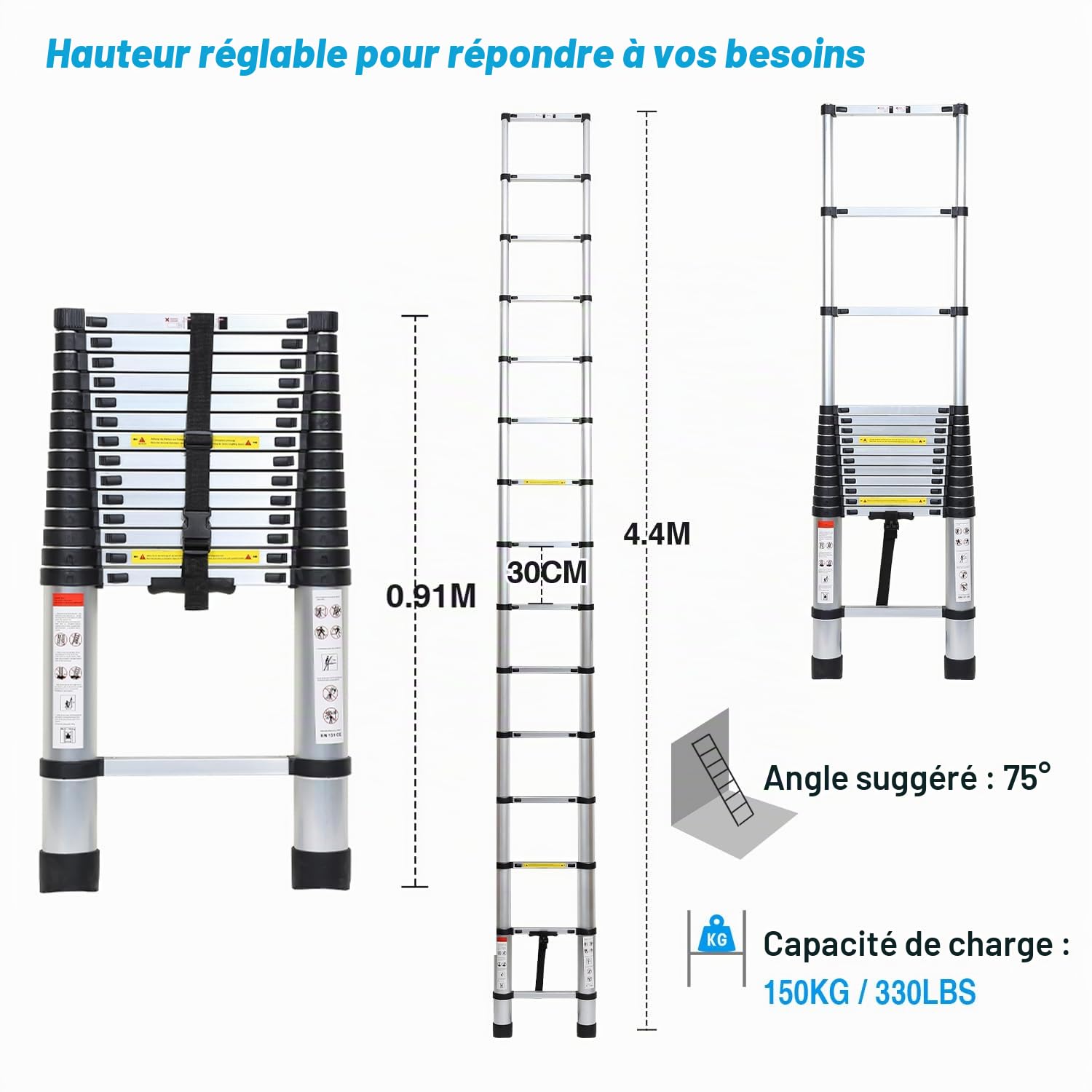 Échelle télescopique 4,4 m en Aluminium, Interrupteur de sécurité Multi-Niveaux, échelle Extensible Portable, antidérapant, échelle multifonctionnelle, Charge maximale : 150 kg